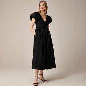 NWT!! J. CREW Collection Cecily Dress Cotton Poplin Black Midi Puffed Sleeves 14